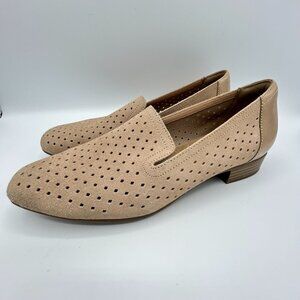 Clarks Collection Womens' Juliet Hayes Beige Suede Perforated Loafers Shoes 10